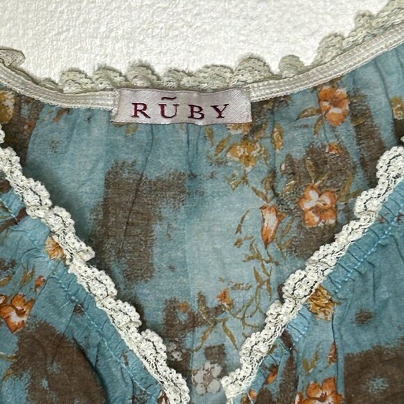 RUBY Vintage Flirty Romantic Turquoise Floral Lace-up Blouse V-Neck size SMALL - Picture 2 of 3
